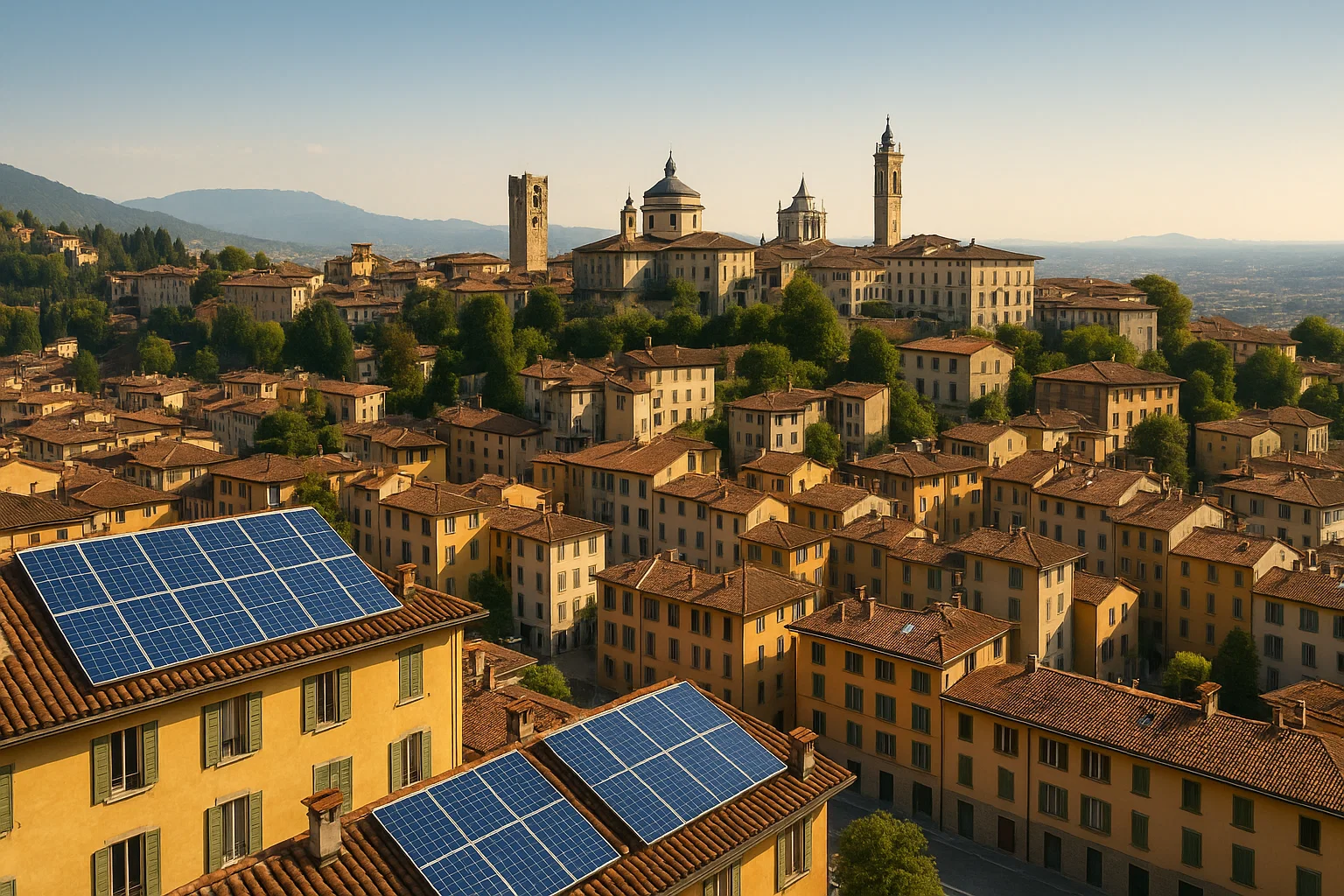 Vista panoramica di Bergamo con impianti fotovoltaici – Green Mood Italia