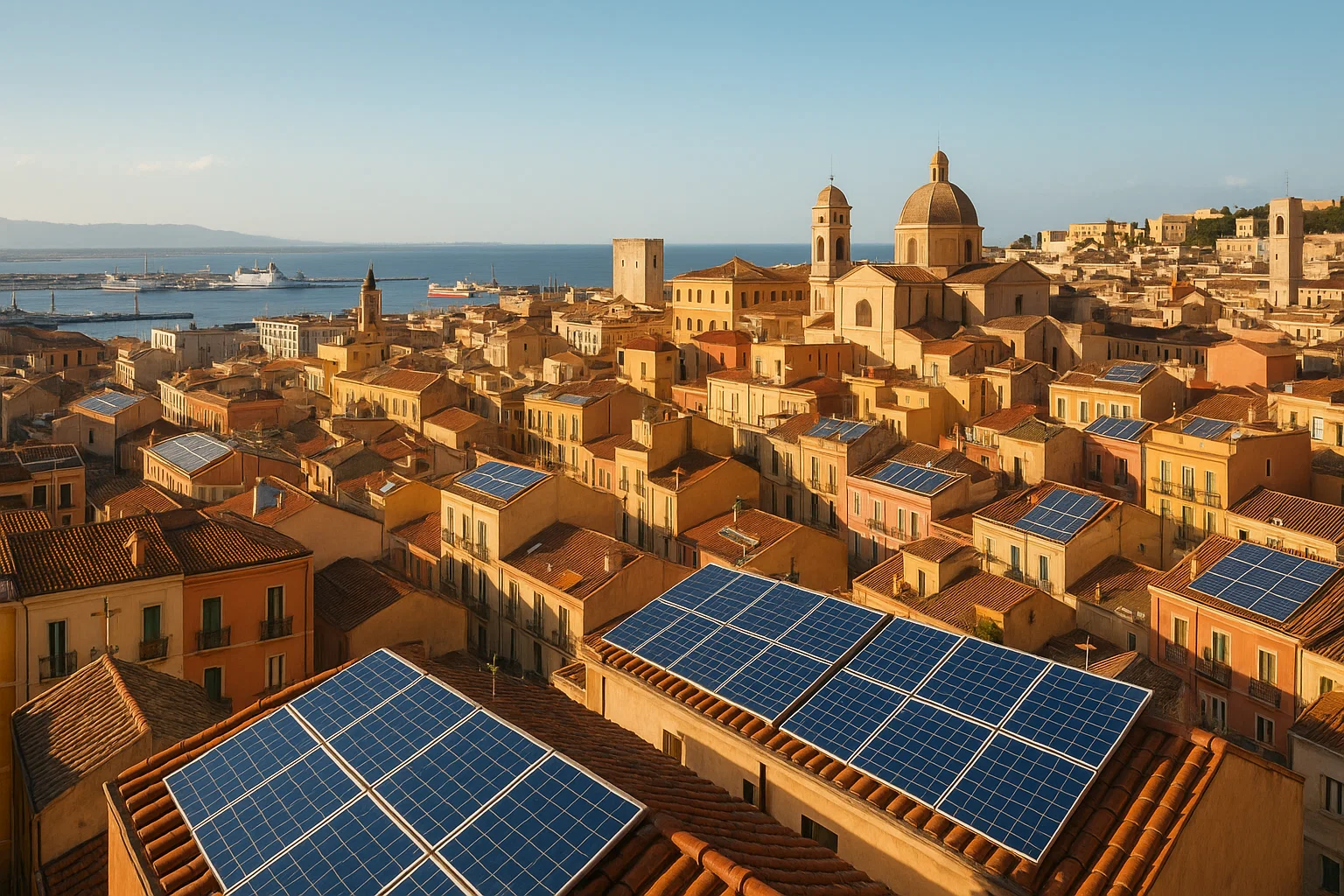 Vista panoramica di Cagliari con tetti fotovoltaici – Green Mood Italia