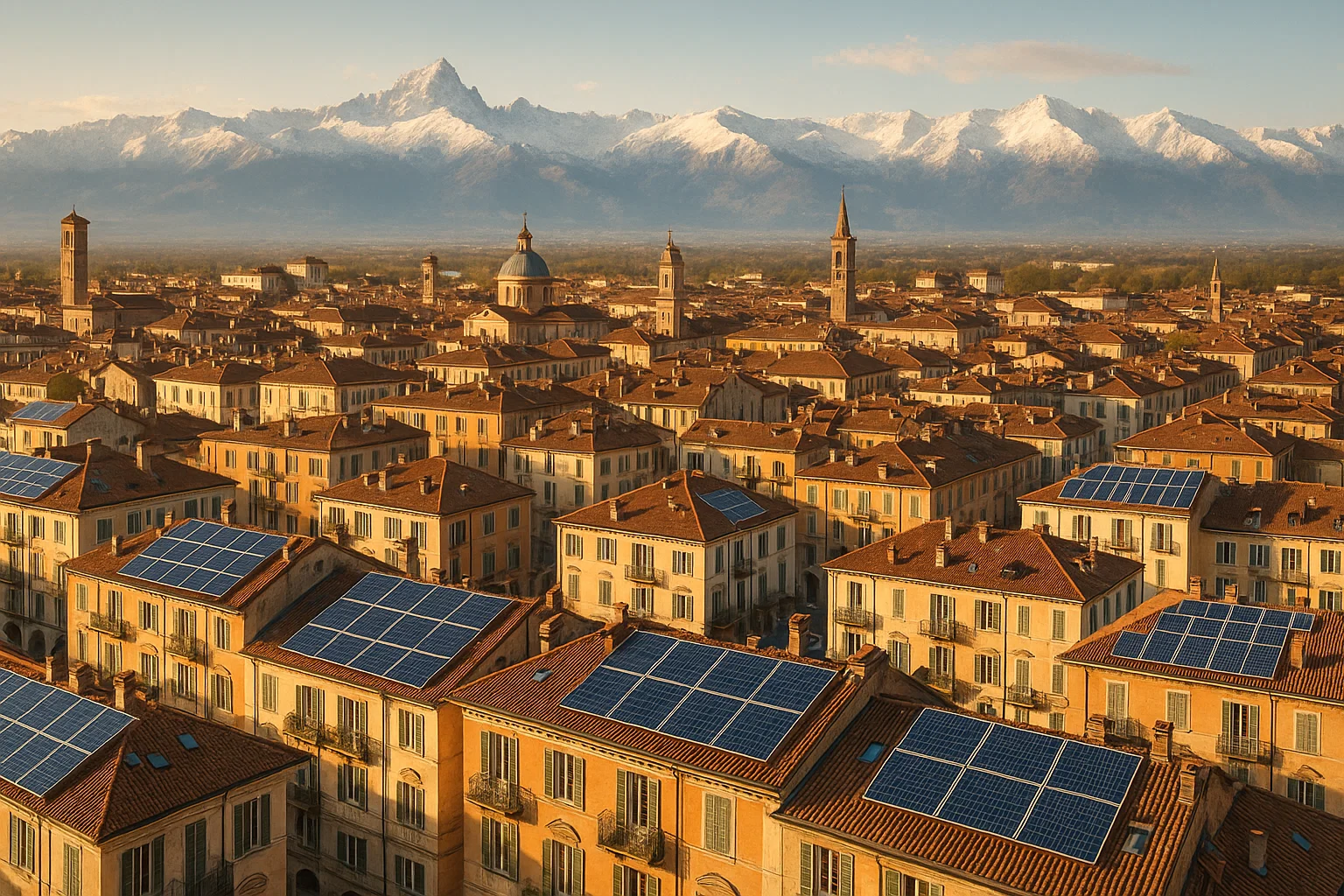 Vista panoramica di Cuneo con pannelli fotovoltaici sul tetto – Conto Termico 3.0 Green Mood Italia