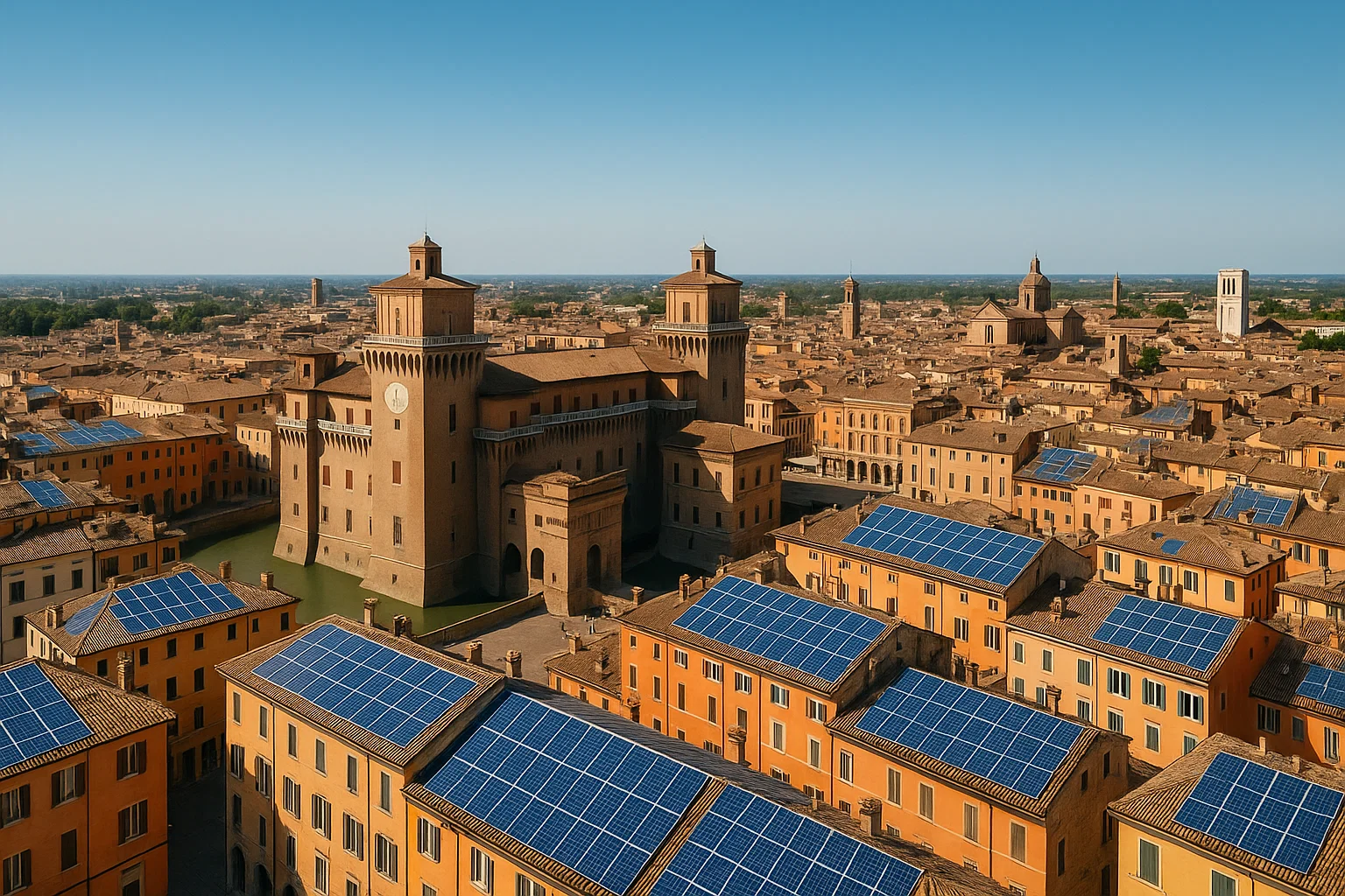 Vista aerea di Ferrara con impianti fotovoltaici sui tetti – Green Mood Italia