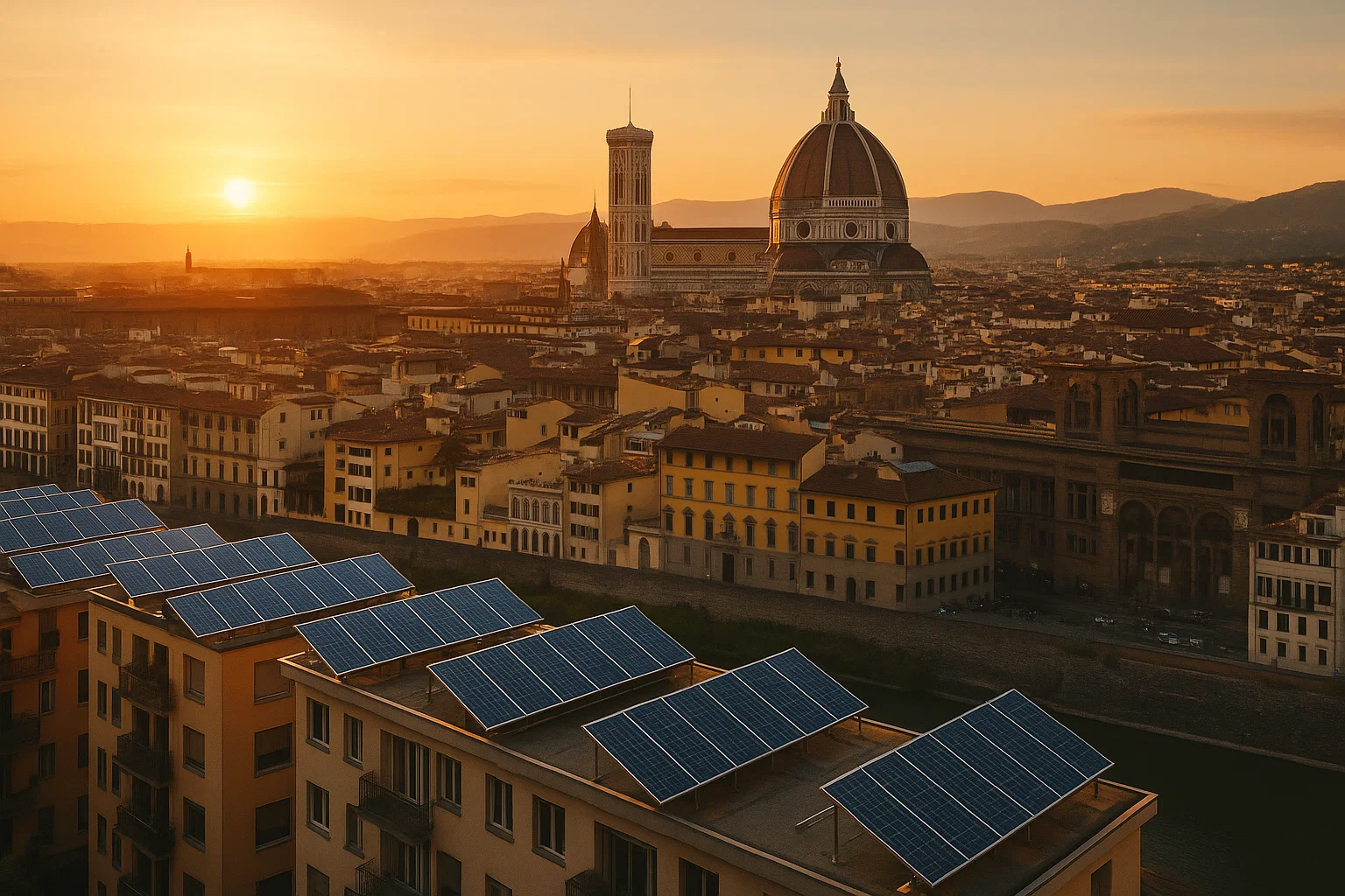 Vista panoramica di Firenze con edifici dotati di impianti fotovoltaici – Green Mood Italia