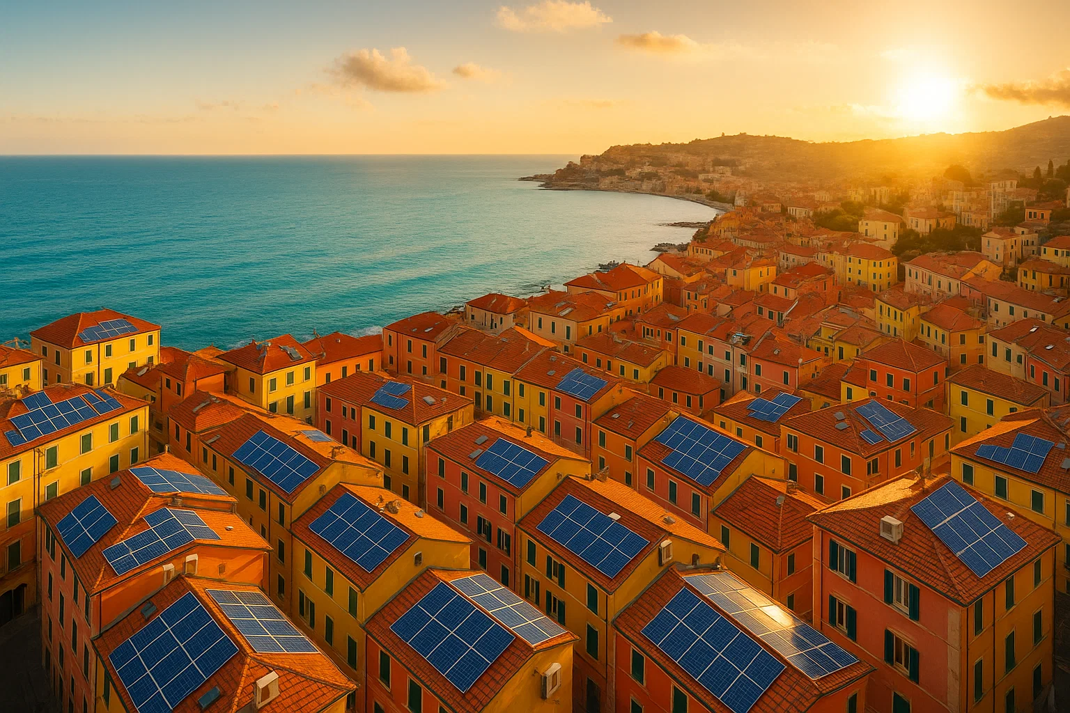 Vista panoramica di Imperia con impianti fotovoltaici e pompe di calore – Conto Termico 3.0 Green Mood Italia