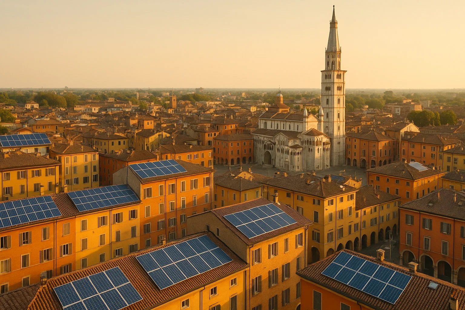 Vista aerea di Modena con impianti fotovoltaici – Green Mood Italia