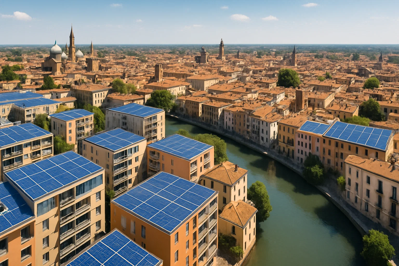 Vista panoramica di Padova con impianti fotovoltaici – Green Mood Italia