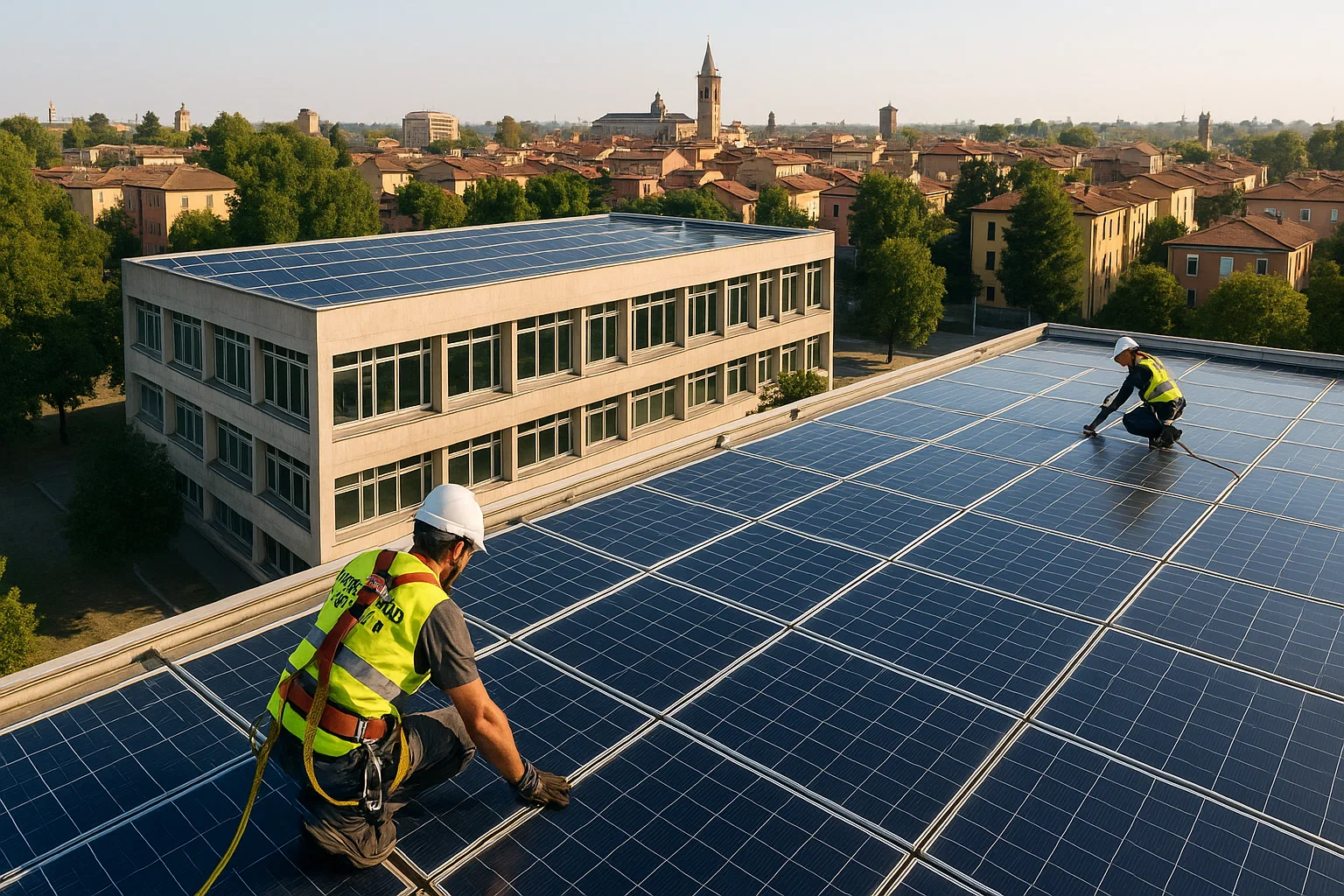 Vista di Reggio Emilia con impianti fotovoltaici e pompe di calore – Green Mood Italia