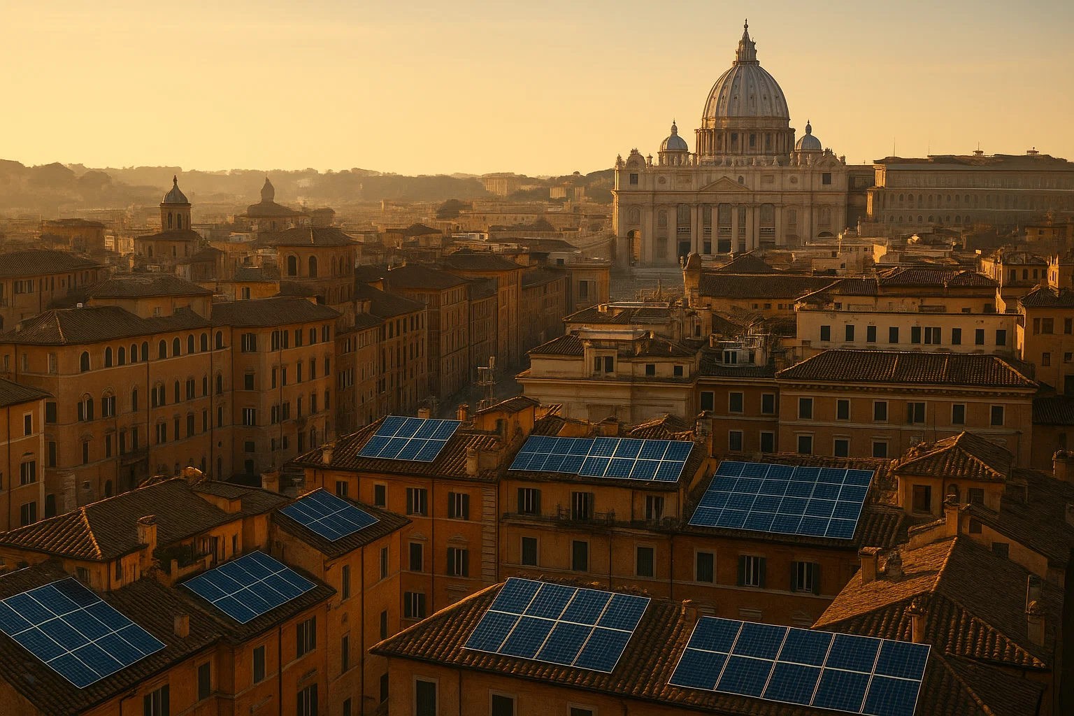 Veduta di Roma con edifici dotati di impianti fotovoltaici – Green Mood Italia