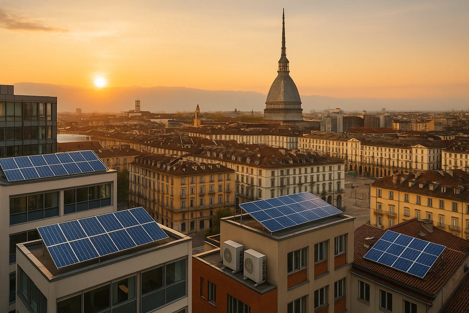 Vista panoramica di Torino con impianti fotovoltaici e pompe di calore – Conto Termico 3.0 Green Mood Italia