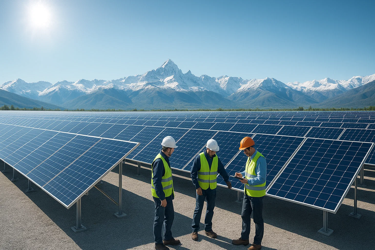 Impianto fotovoltaico a Torino con le Alpi sullo sfondo – energia solare e sostenibilità aziendale