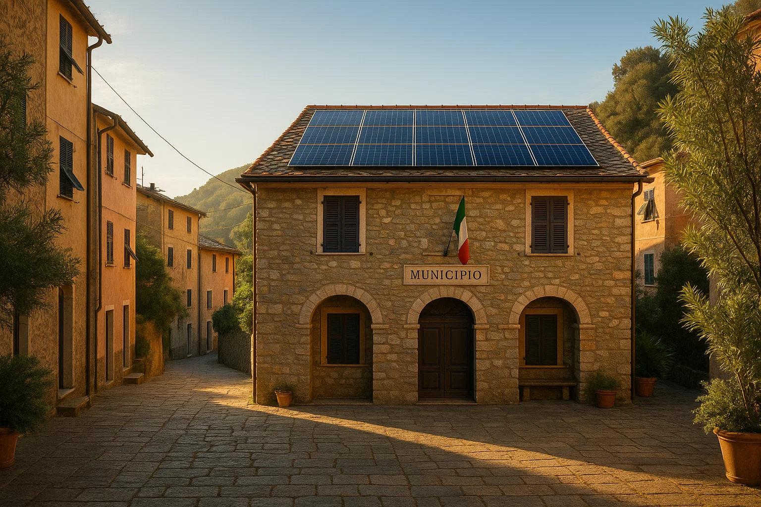Panorama dell'entroterra ligure con impianto fotovoltaico