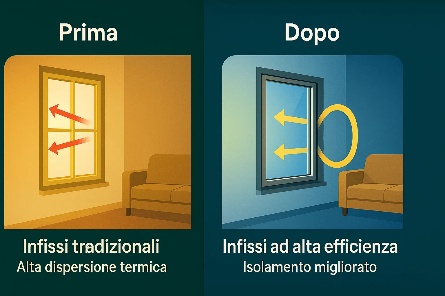 Schema prima e dopo dispersione termica infissi ad alta efficienza
