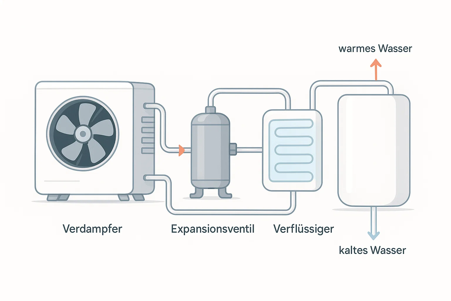 Funktionsweise einer Wärmepumpe mit Verdampfer, Kompressor, Verflüssiger und Ventil