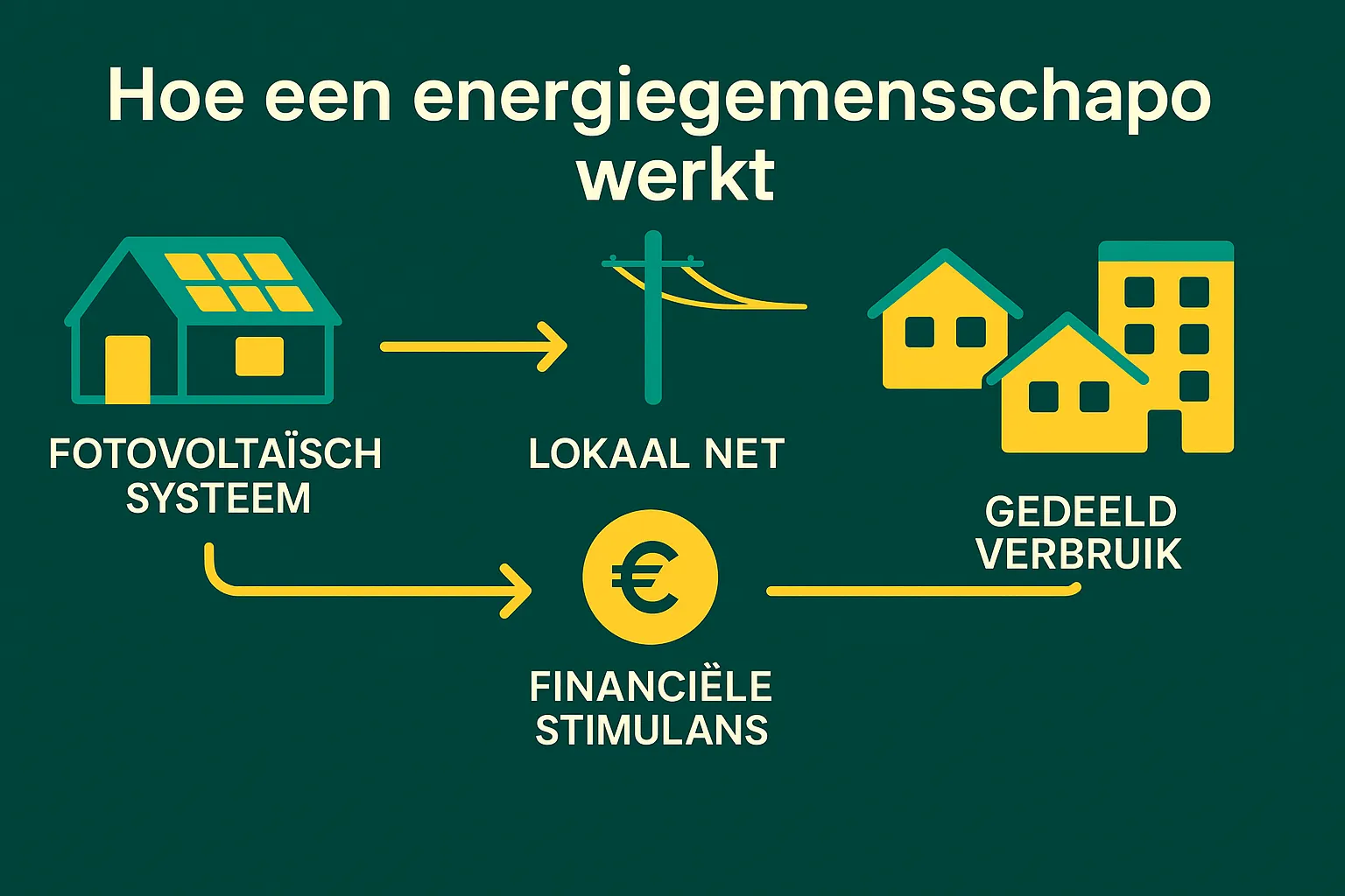 Schematische illustratie van een hernieuwbare energiegemeenschap – stroom van producent tot consument