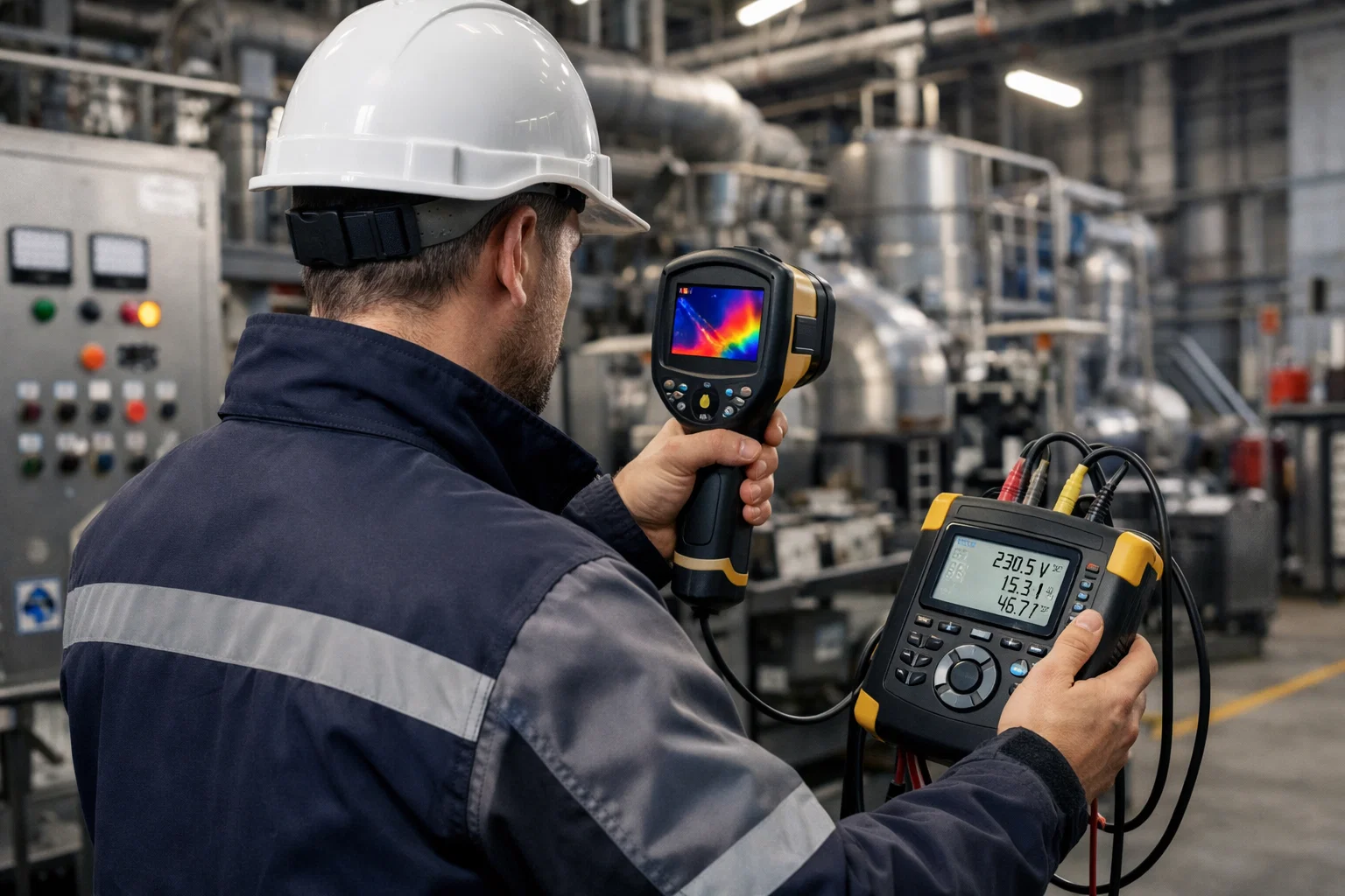 Tecnico per diagnosi energetica esegue un audit professionale