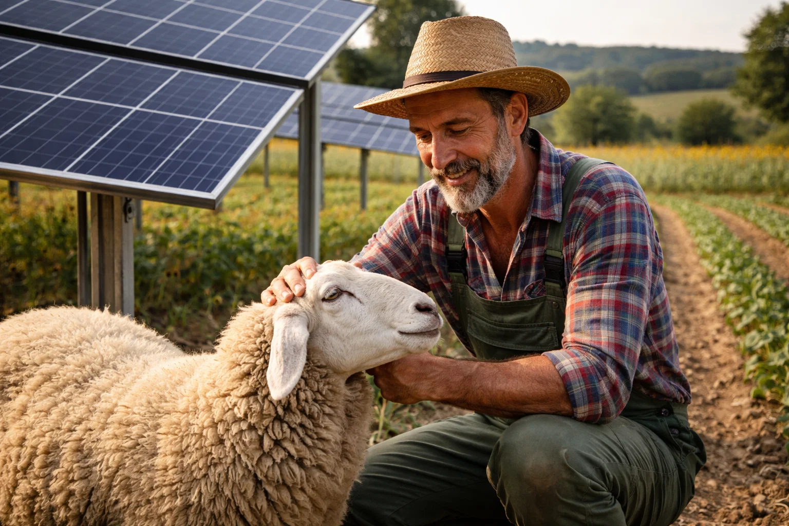 Agricoltore e pecora in un impianto fotovoltaico agricolo integrato