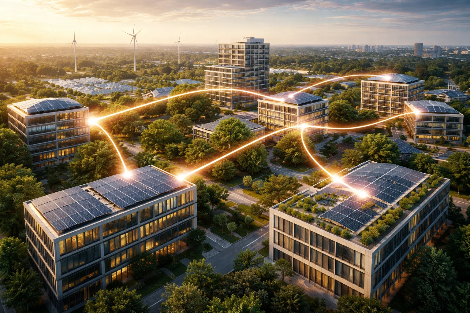 Imprenditori e tecnici davanti a un capannone con impianto fotovoltaico inserito in una comunità energetica rinnovabile