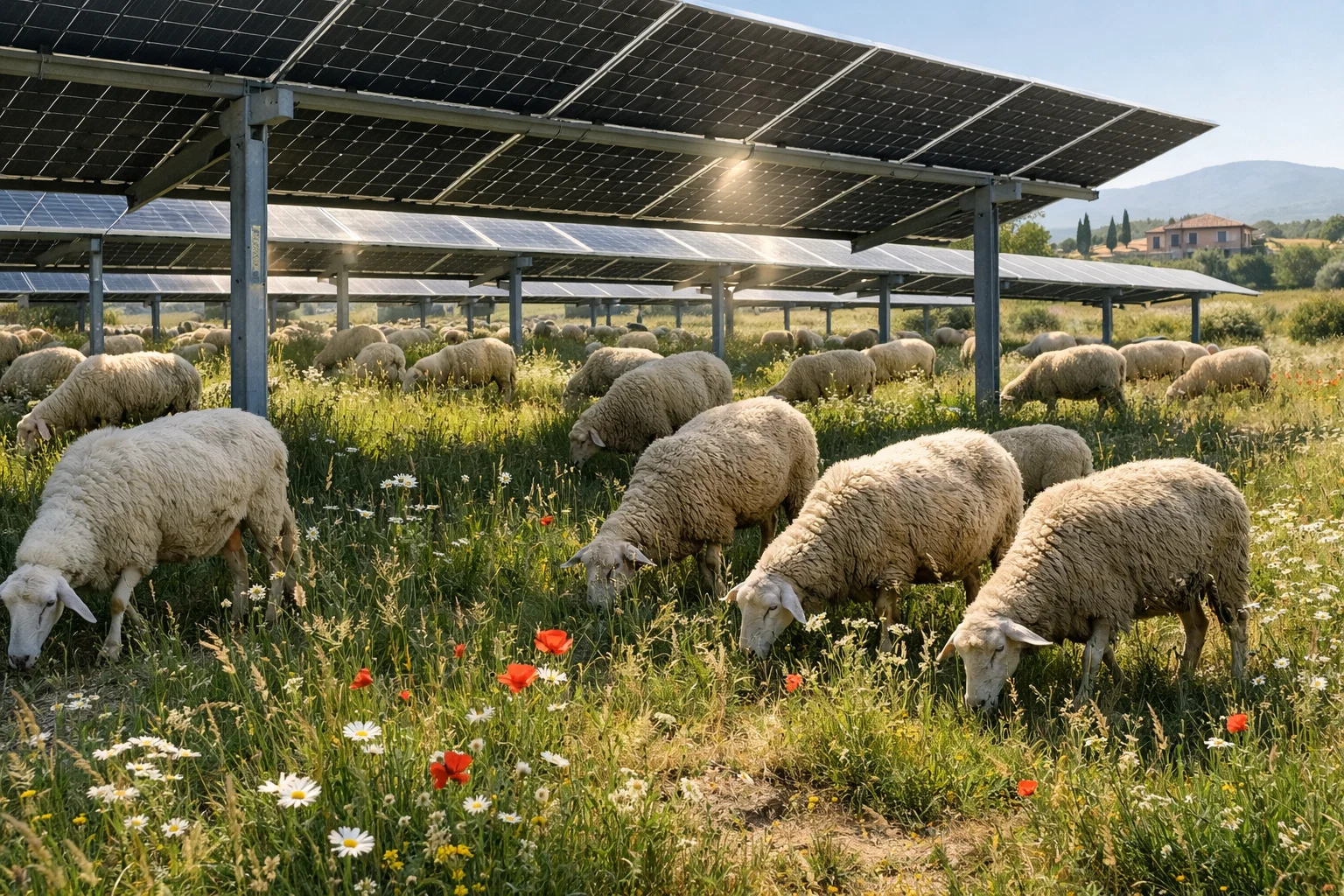 Pecore al pascolo sotto impianto fotovoltaico