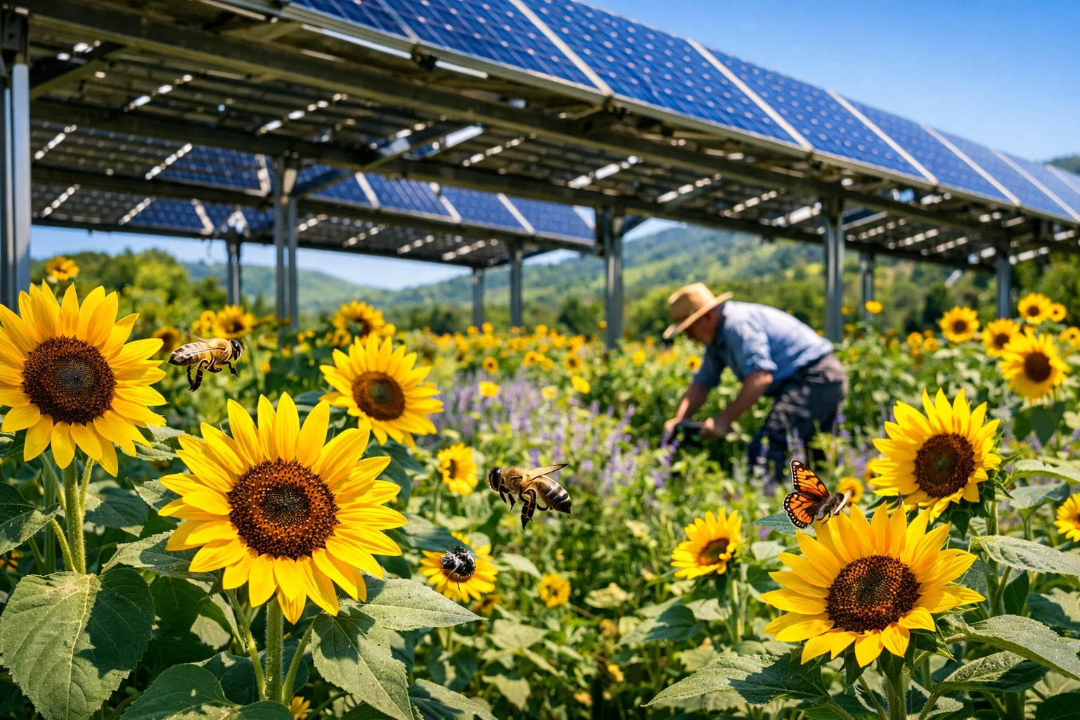 Fiori selvatici e api sotto impianto agrivoltaico a Savona