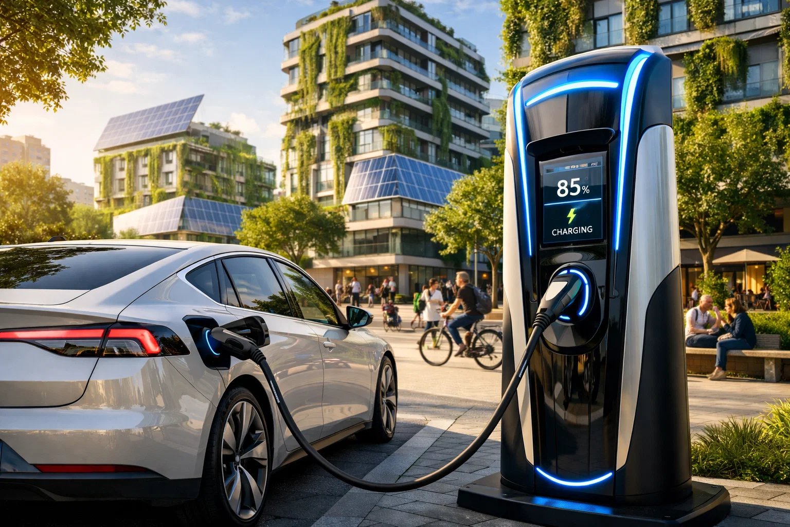 Colonnina di ricarica per auto elettriche in contesto urbano - Green Mood Italia, mobilità sostenibile e infrastrutture EV