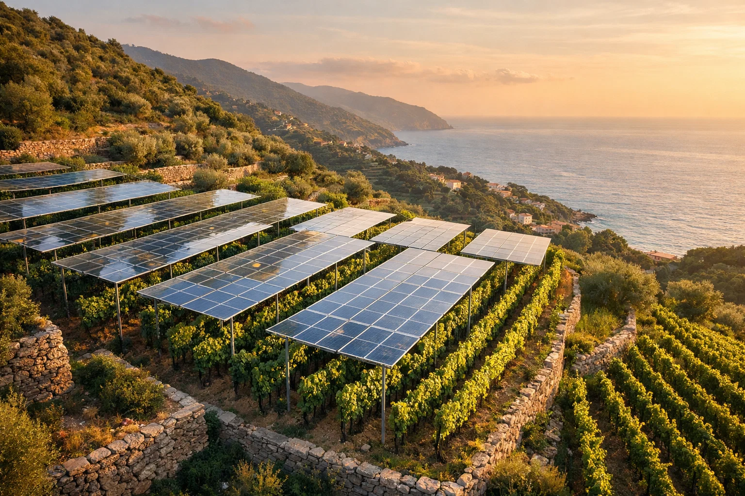 Vigneto ligure con impianto agrivoltaico a Savona