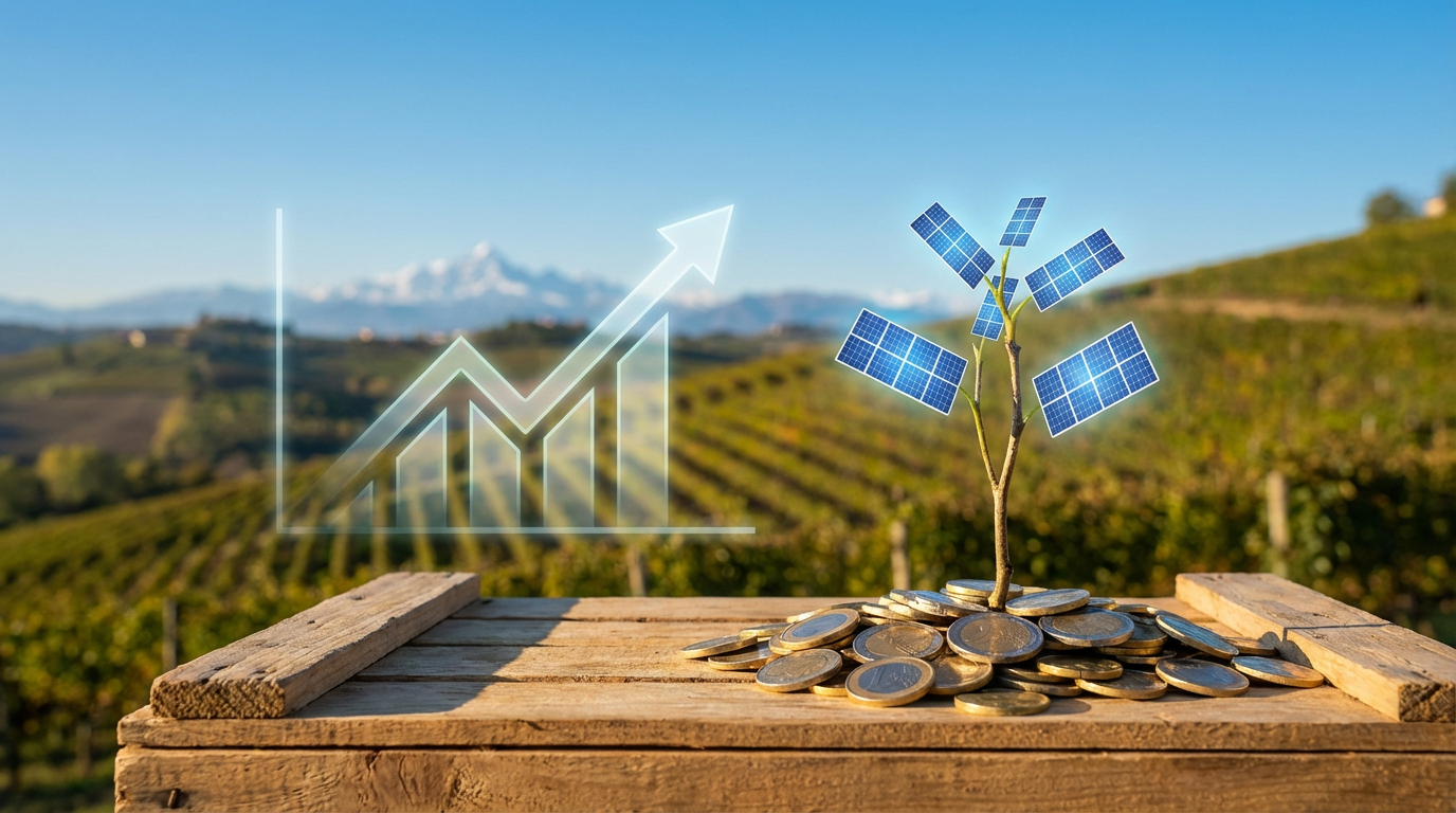 Albero con monete e pannelli solari - investimento