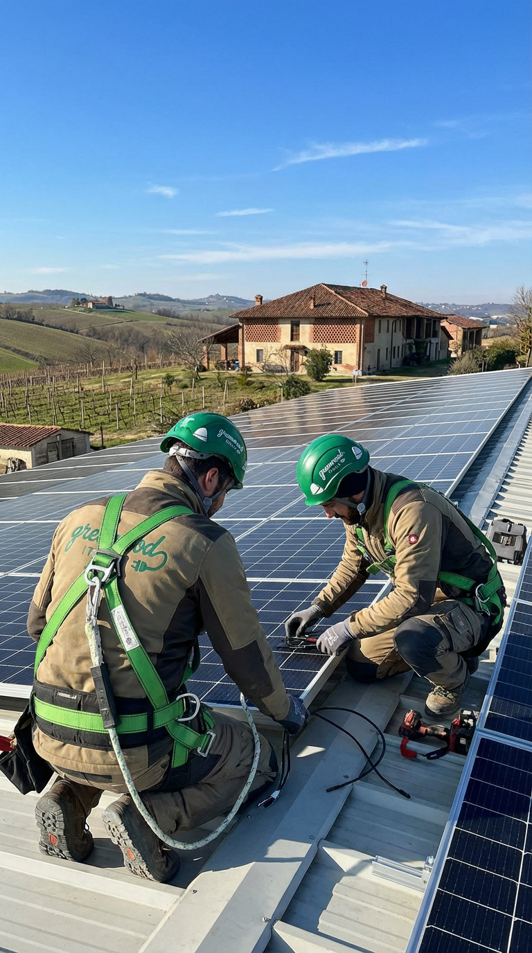 Due installatori specializzati di Green Mood Italia al lavoro su un tetto fotovoltaico in provincia di Cuneo, in sicurezza