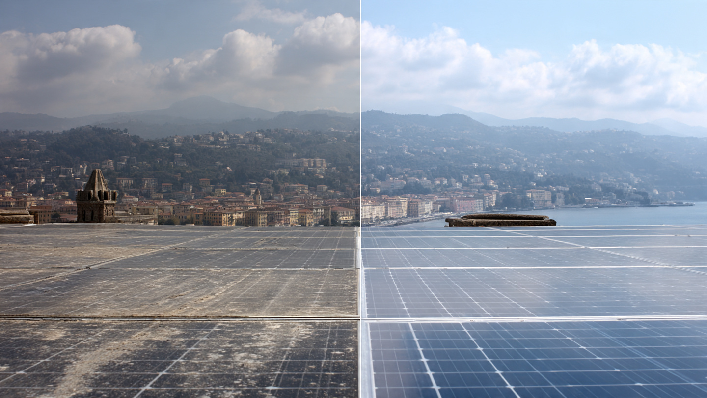 Prima e dopo pulizia pannelli fotovoltaici a Savona