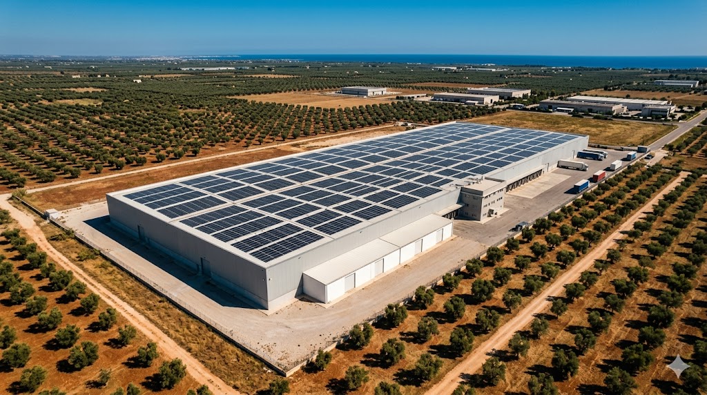 Capannone industriale con impianto fotovoltaico su tetto in Puglia - Green Mood Italia general contractor risparmio energetico