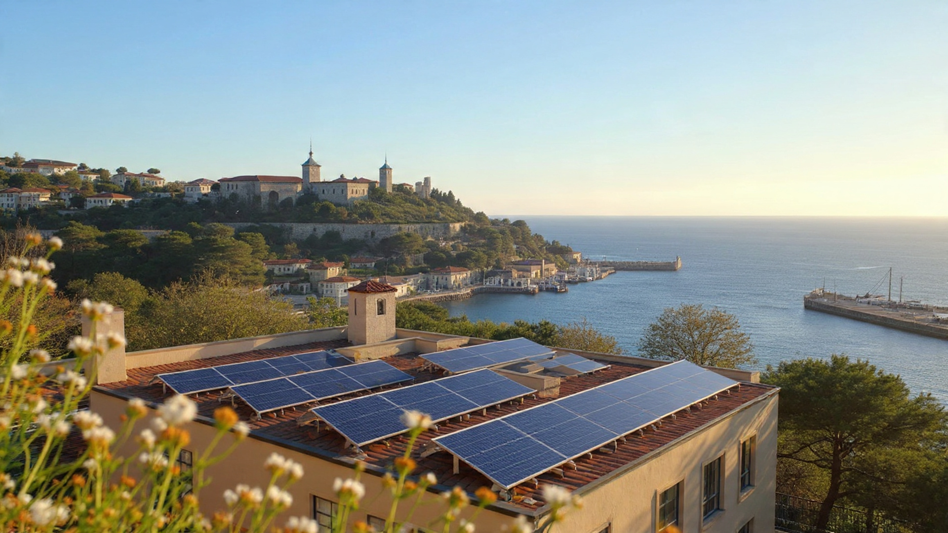 Impianto fotovoltaico con panorama di Savona