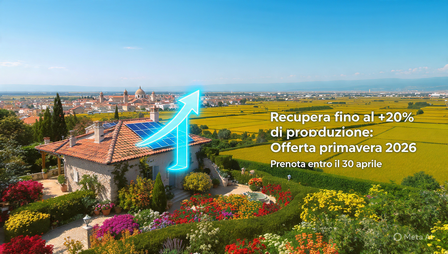 Vista aerea di rustico con impianto fotovoltaico in provincia di Vercelli – recupera fino al +20% di produzione