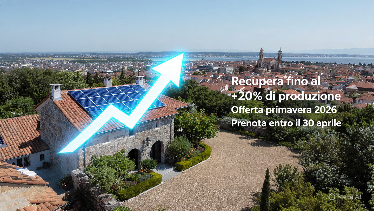 Vista aerea di rustico con impianto fotovoltaico in provincia di Novara – recupera fino al +20% di produzione