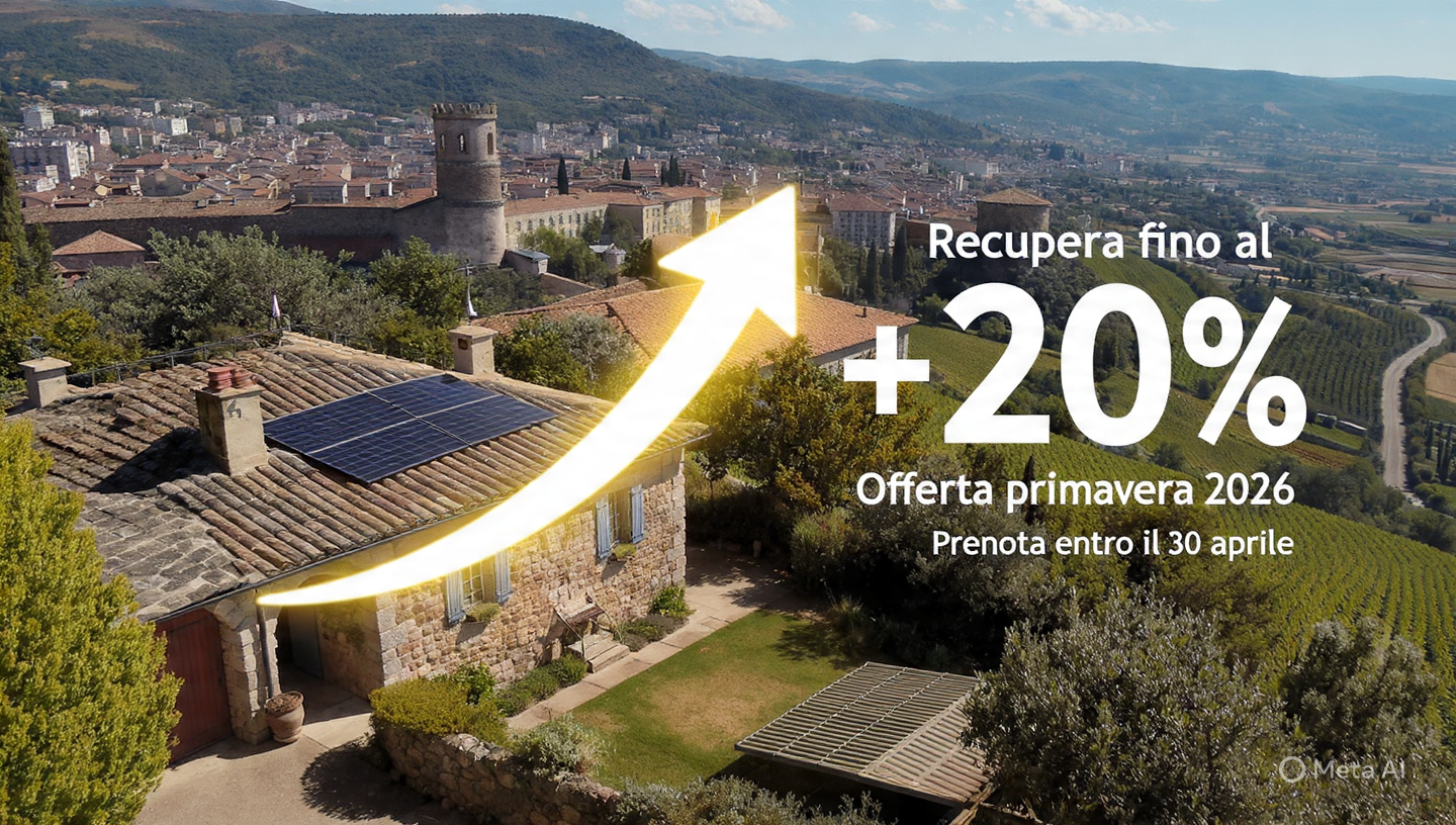 Vista aerea di rustico con impianto fotovoltaico in provincia di Asti