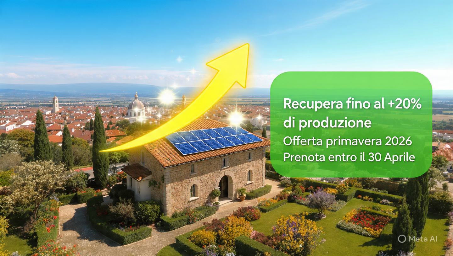 Vista aerea di rustico con impianto fotovoltaico in provincia di Alessandria – recupera fino al +20% di produzione
