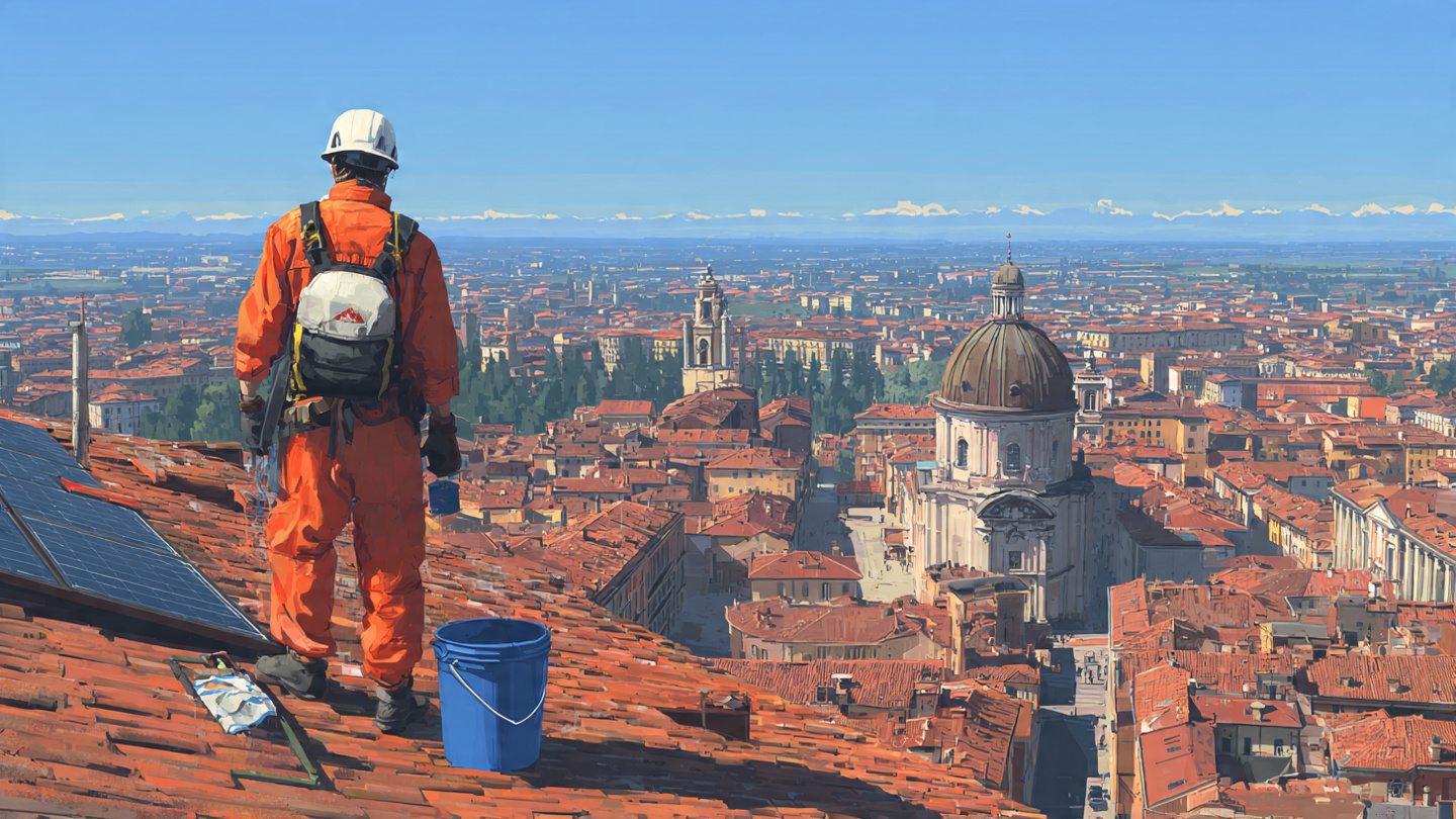 Vista da tetto con pannelli fotovoltaici a Novara – panorama della pianura padana