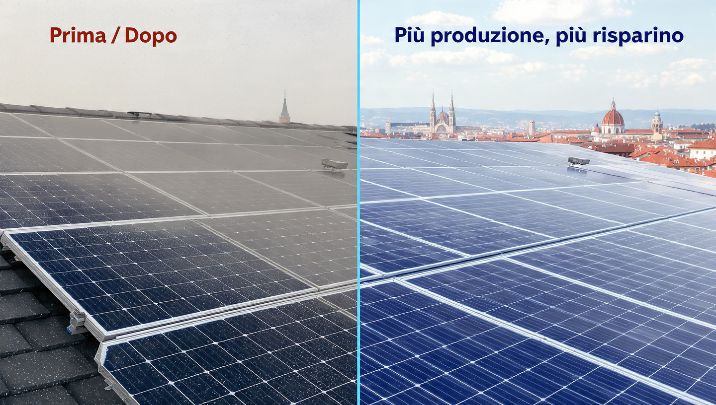 Prima e dopo pulizia pannelli fotovoltaici a Torino