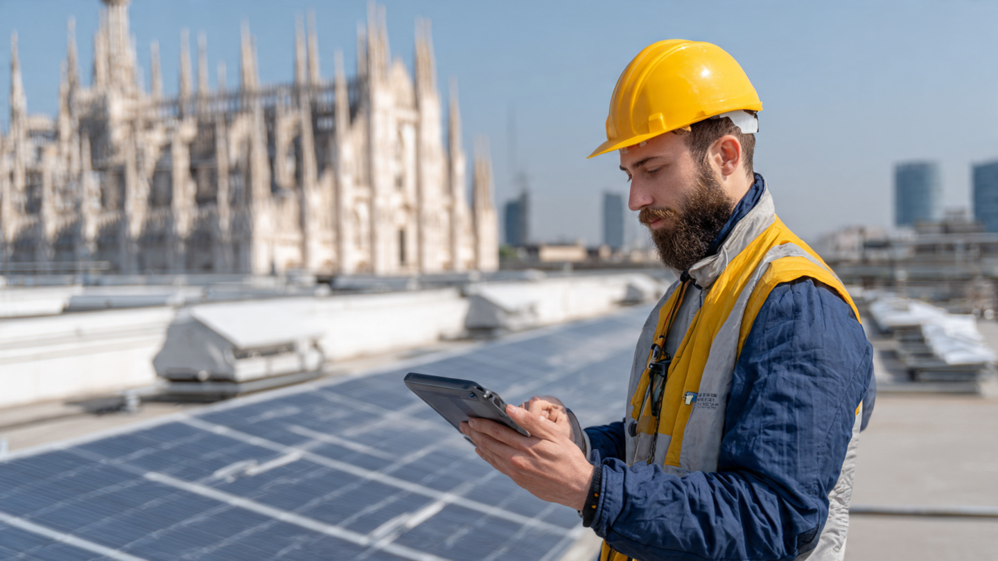Tecnico specializzato esegue verifica dell'impianto fotovoltaico a Milano con termocamera e tablet