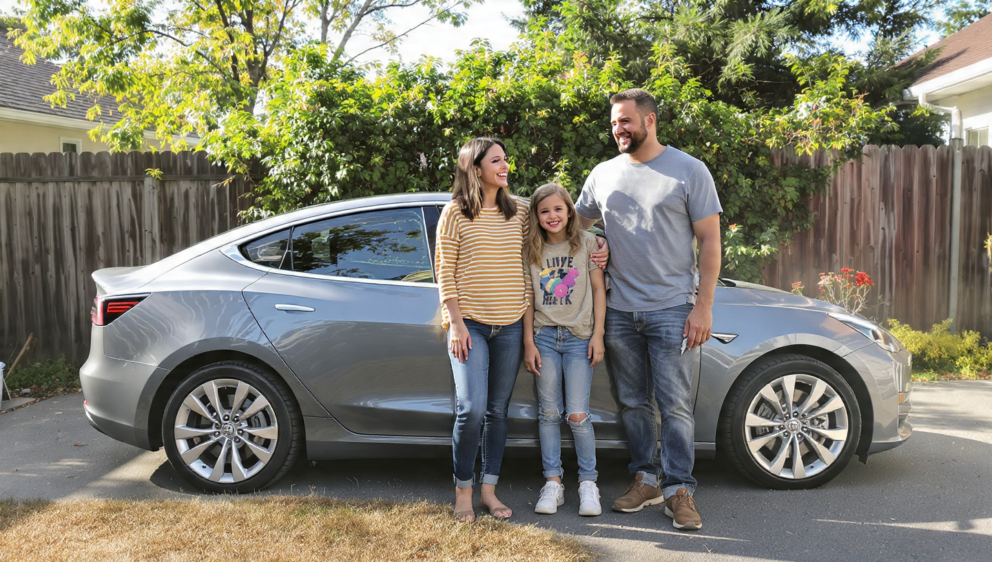 Famiglia felice con auto elettrica usata