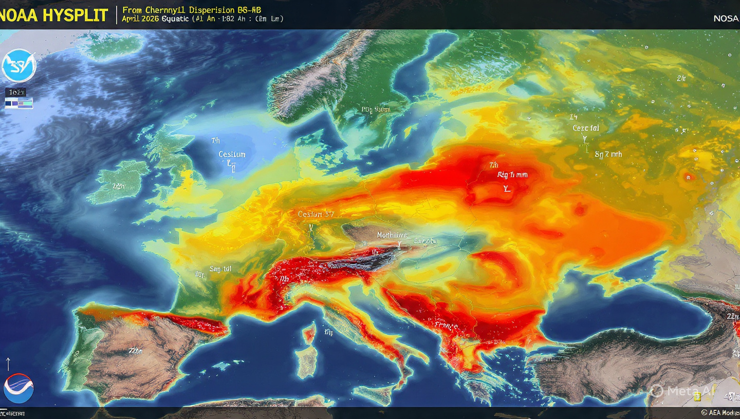 Simulazione dispersione radiazioni da Chernobyl sull'Europa: fronti a 24h su Polonia e Germania, 48h su Scandinavia, 72h su Italia settentrionale. Scenario aprile 2026