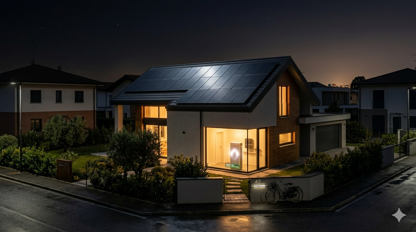 Blackout notturno: casa illuminata dalla batteria di accumulo 20 kWh – impianto fotovoltaico con accumulo 9 kWp 20 kWh garantisce continuità elettrica
