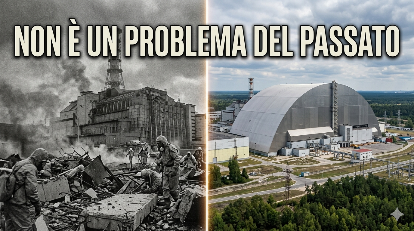 Vista ravvicinata delle crepe nel vecchio sarcofago di Chernobyl