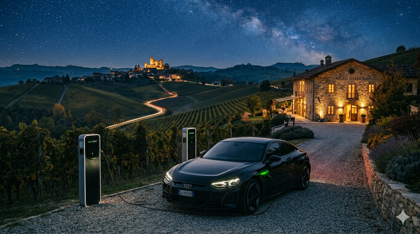 Auto elettrica in ricarica hotel Langhe