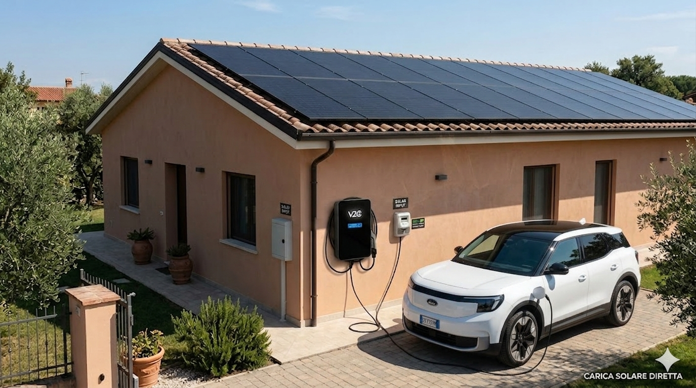 Schema funzionamento carica solare diretta: flusso energia dal fotovoltaico alla wallbox e all'auto
