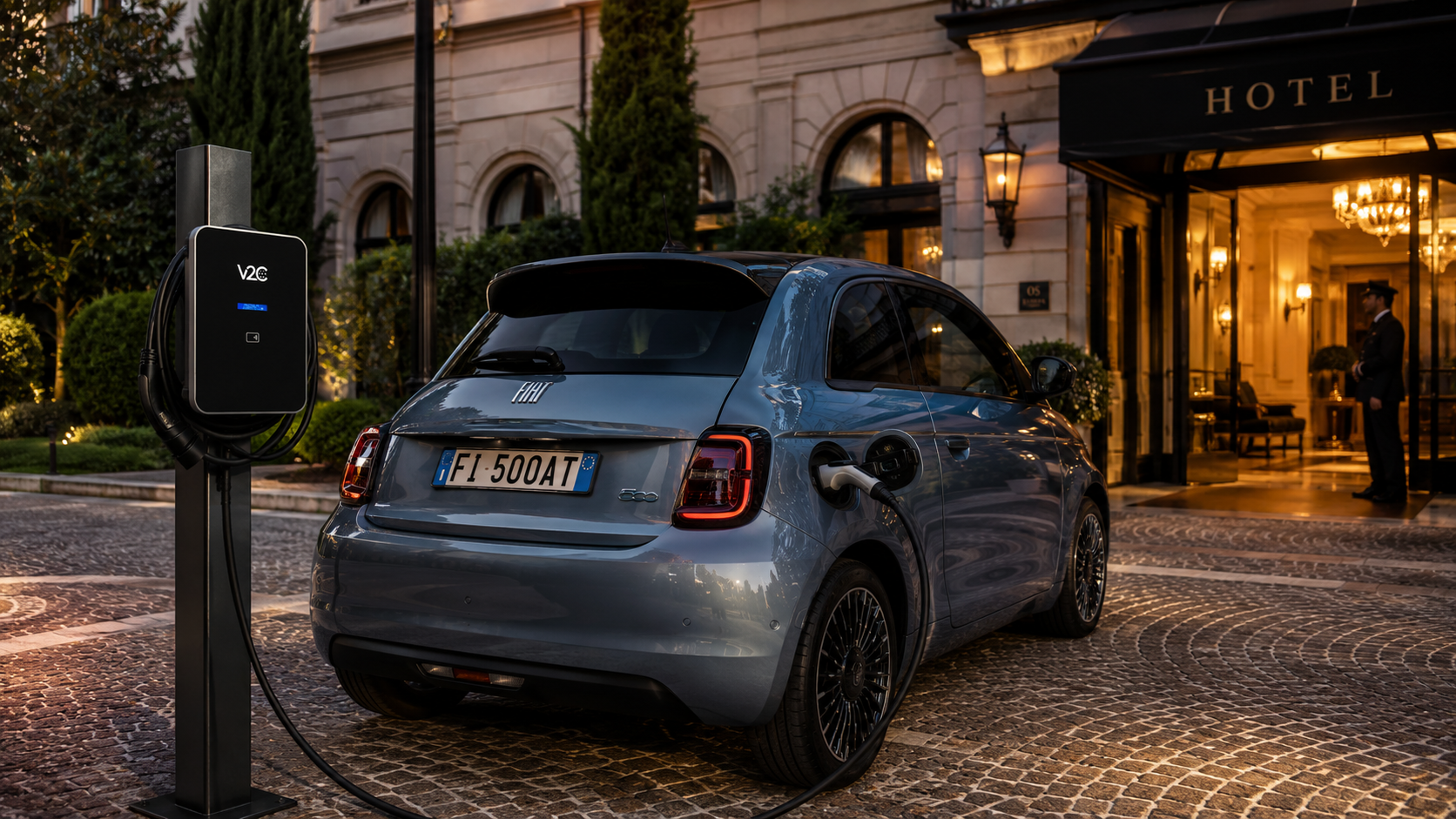 Fiat 500e in ricarica con wallbox V2C Trydan Pro fuori da hotel in Italia - soluzione RFID per strutture ricettive