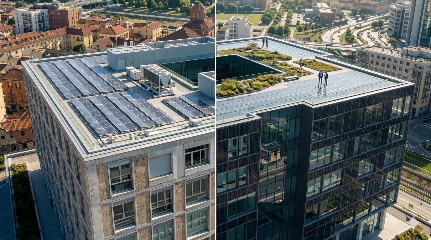 Rendering edificio con facciata e copertura BIPV