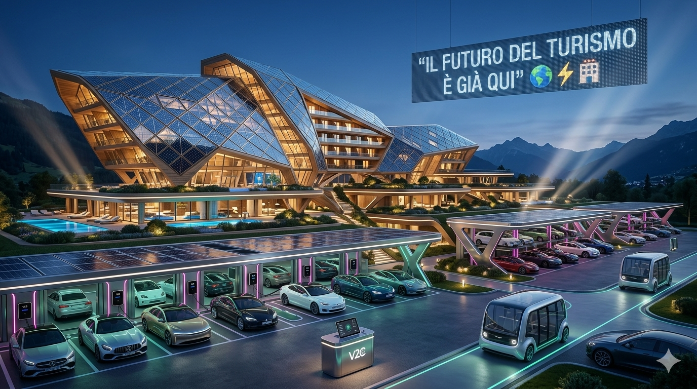 Visione futuristica di hotel sostenibile con auto elettriche e pannelli solari