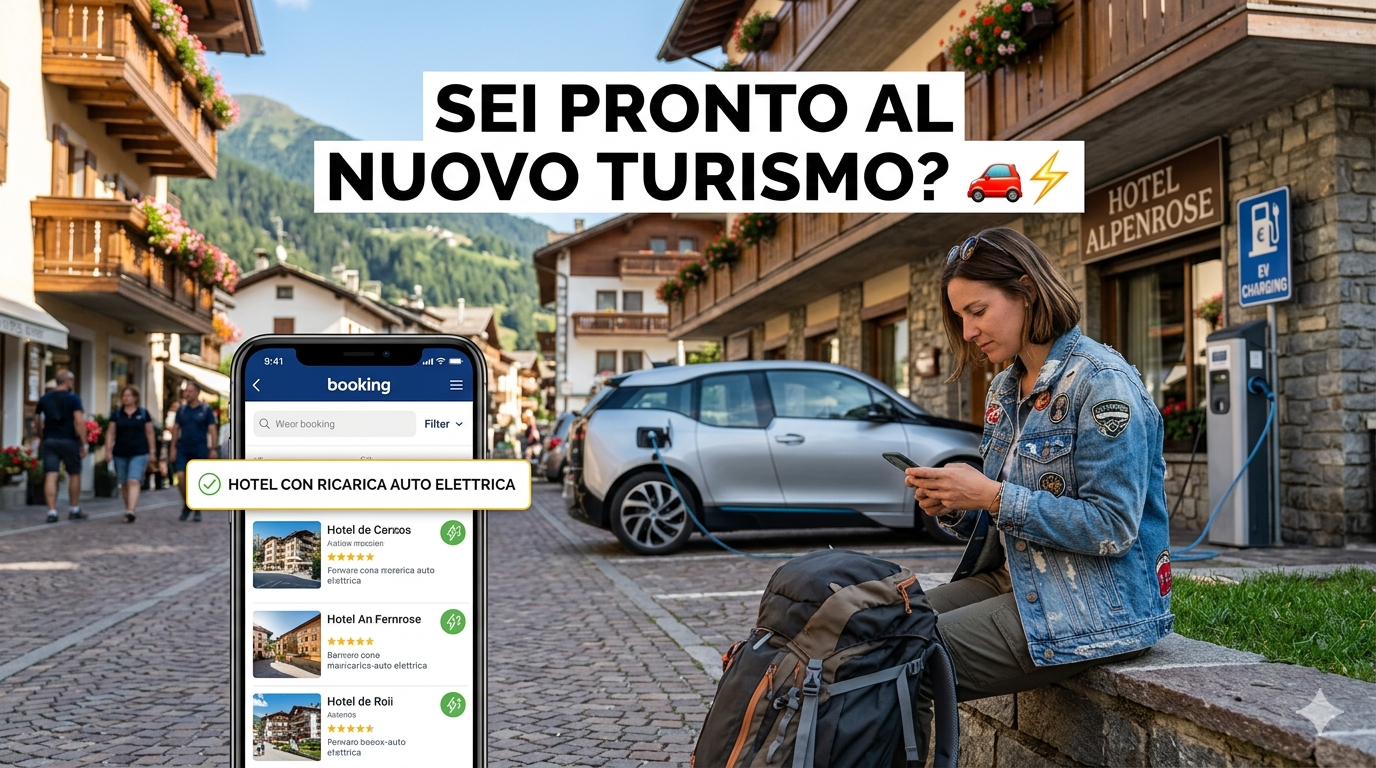 Auto elettrica in ricarica davanti a un hotel moderno con architettura sostenibile