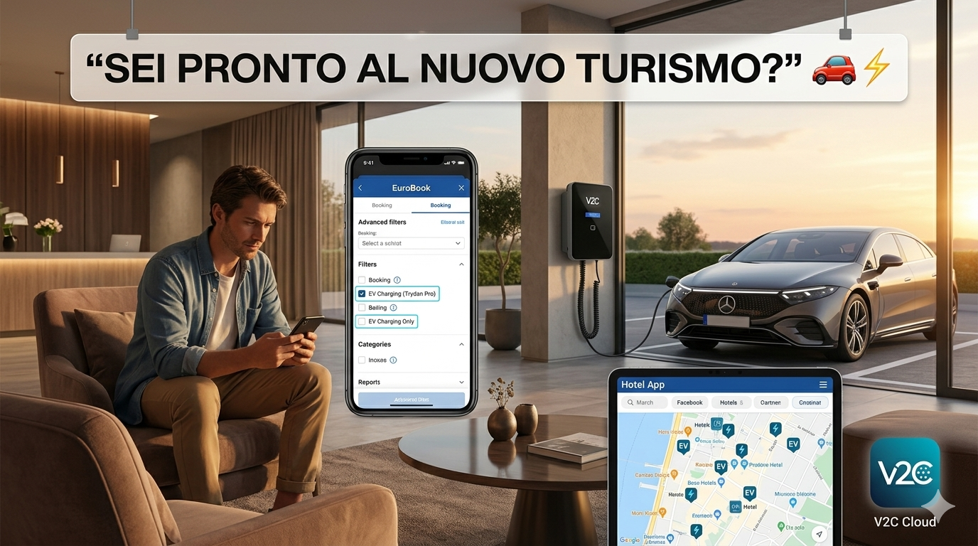 Coppia di turisti che collega l'auto elettrica alla colonnina dell'hotel di sera