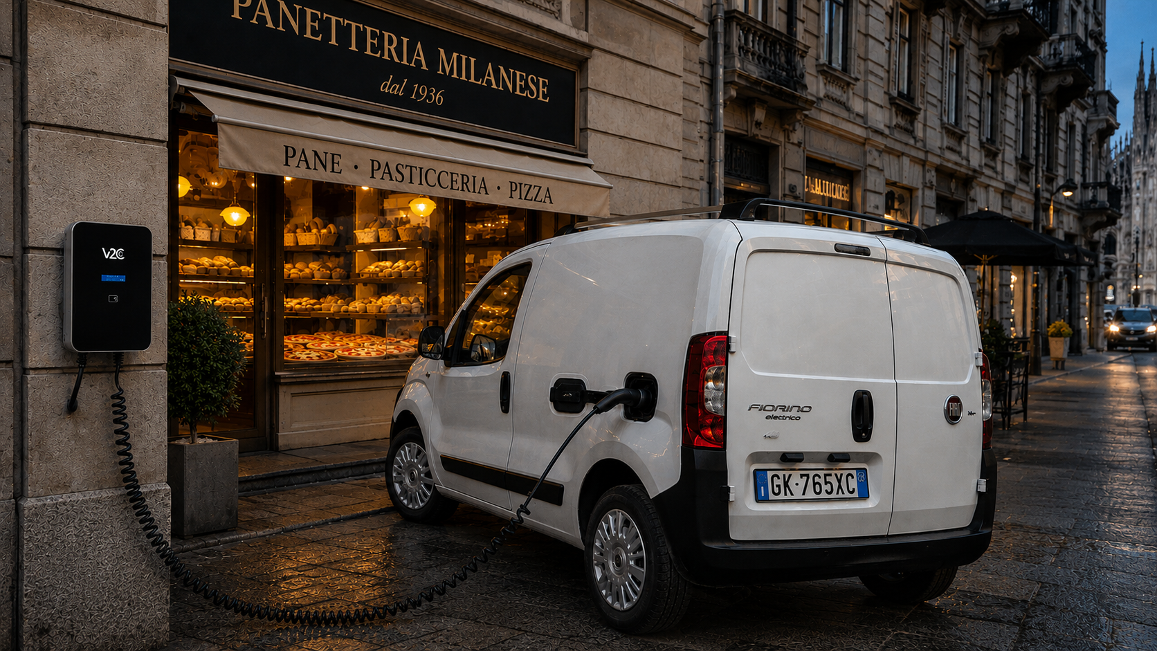 Furgone elettrico in ricarica con wallbox V2C Trydan Pro davanti a panetteria a Milano - soluzione RFID per flotte aziendali