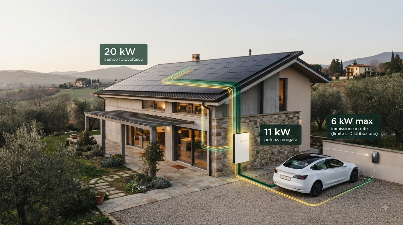 Schema del sistema Tesla Powerwall 3 con campo fotovoltaico, inverter integrato e batteria
