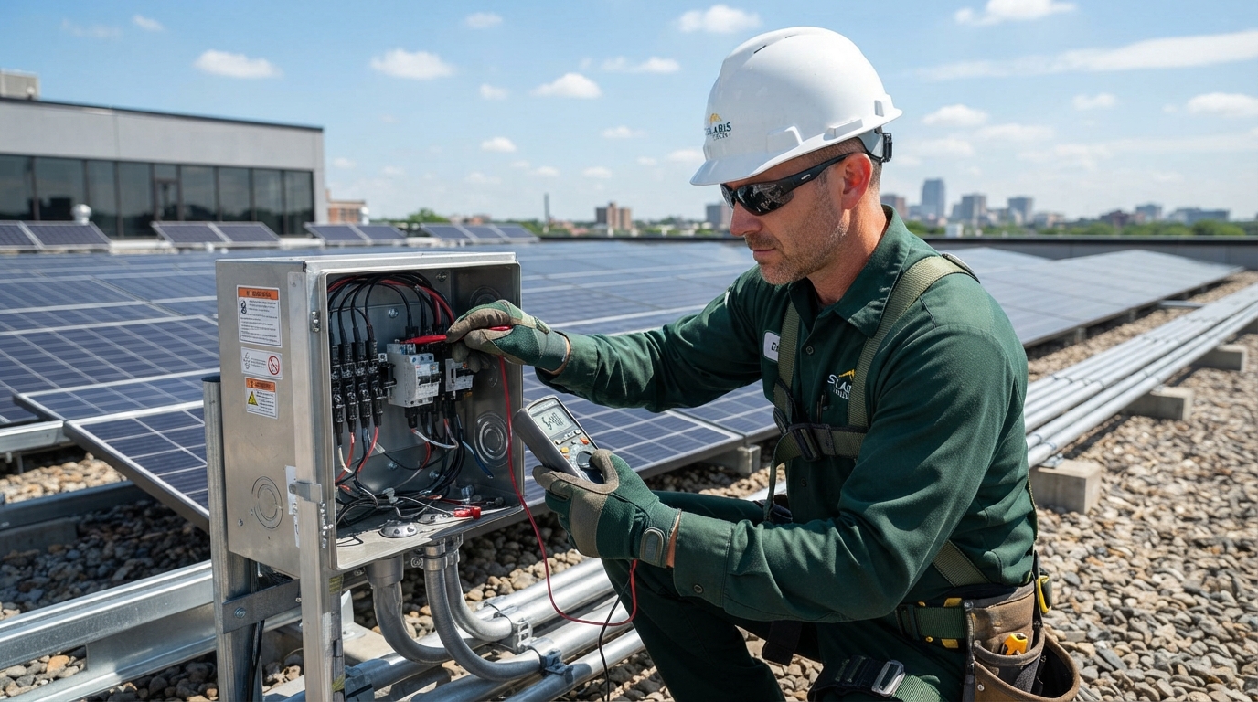 Elettricista certificato durante un check sicurezza fotovoltaico professionale
