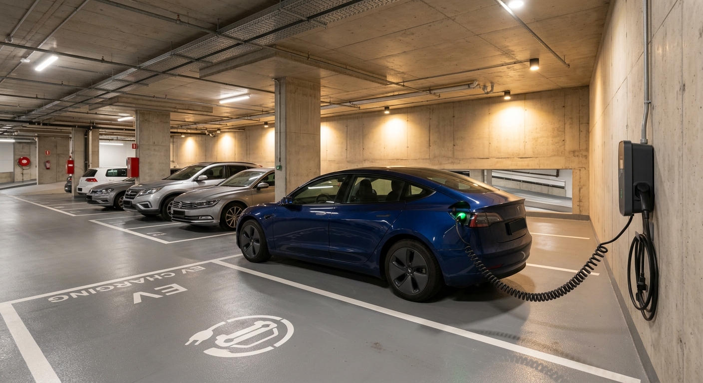 Garage condominiale sotterraneo con wallbox di ricarica installata a parete accanto a un'auto elettrica parcheggiata